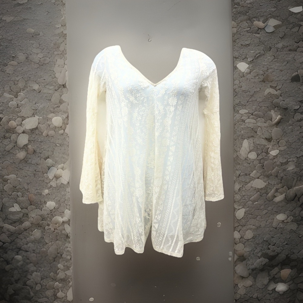 Lace Overlay M Flare Sleeve Floral Crochet Boho‎ Prairie Vneck Ivory Lagenlook